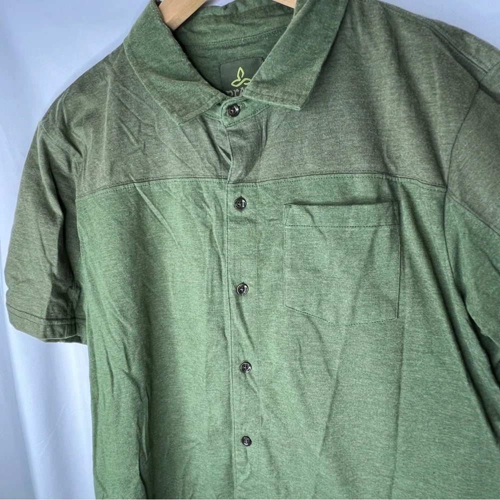 Prana Mens Polo Shirt Short Sleeve Button Down Size Large Green
